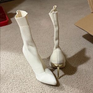Chic Cream Stiletto Sock Boots
